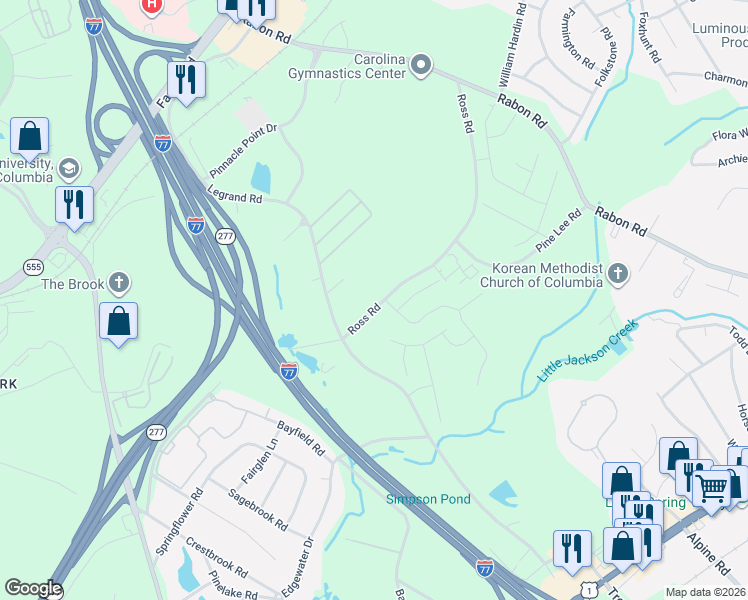 map of restaurants, bars, coffee shops, grocery stores, and more near 627 Ross Road in Columbia