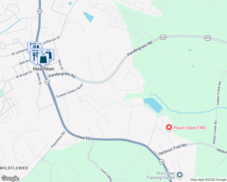 map of restaurants, bars, coffee shops, grocery stores, and more near 90 Joshua Way in Hoschton