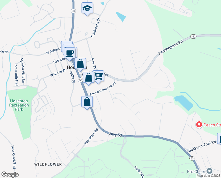 map of restaurants, bars, coffee shops, grocery stores, and more near 181 Towne Center Parkway in Hoschton