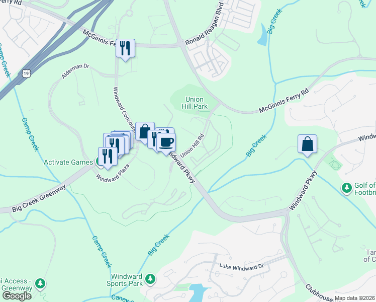 map of restaurants, bars, coffee shops, grocery stores, and more near 401-497 Union Hill Road in Alpharetta