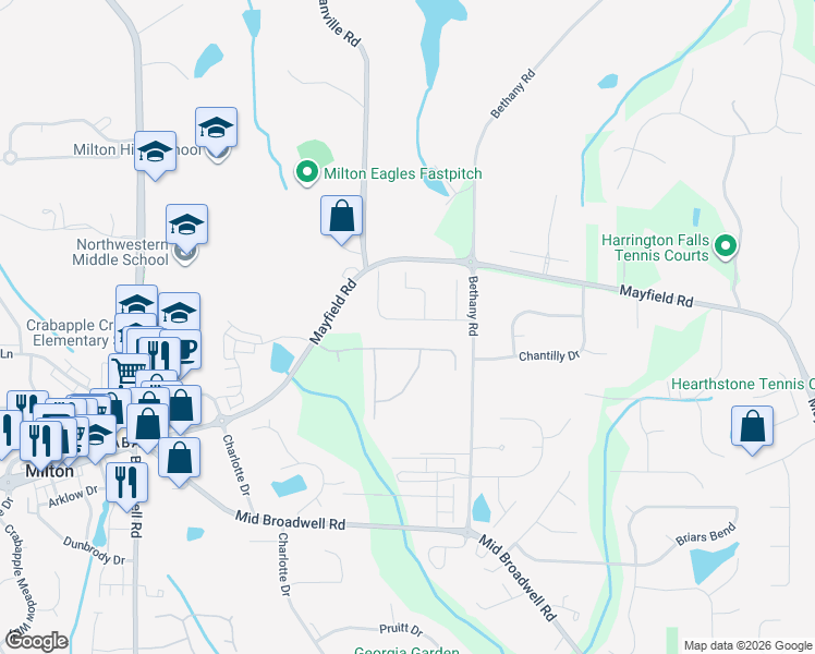 map of restaurants, bars, coffee shops, grocery stores, and more near 1100 Bascomb Farm Drive in Alpharetta