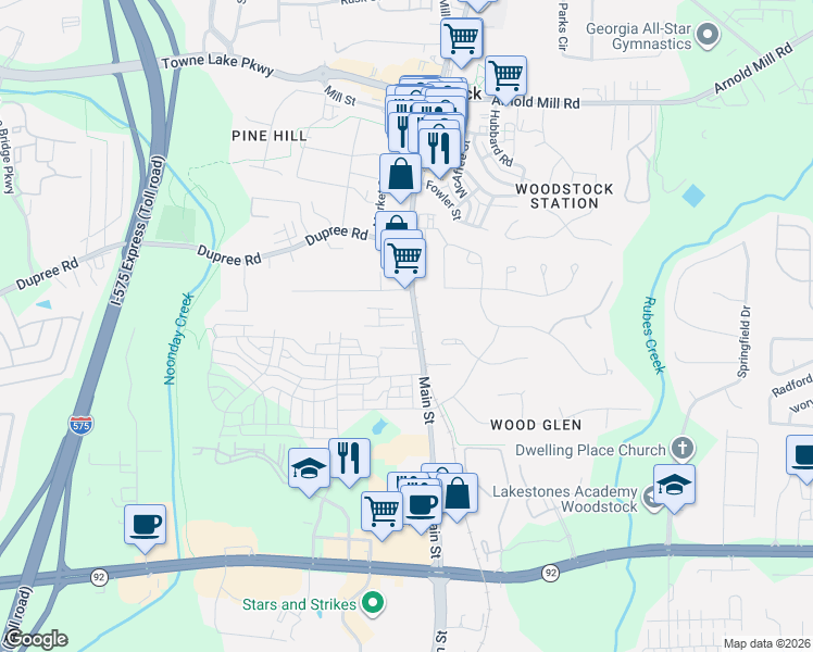 map of restaurants, bars, coffee shops, grocery stores, and more near 9114 Main Street in Woodstock