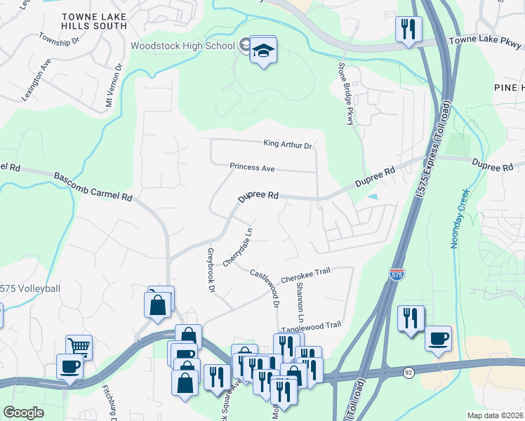 map of restaurants, bars, coffee shops, grocery stores, and more near 828 Cranfill Court in Woodstock