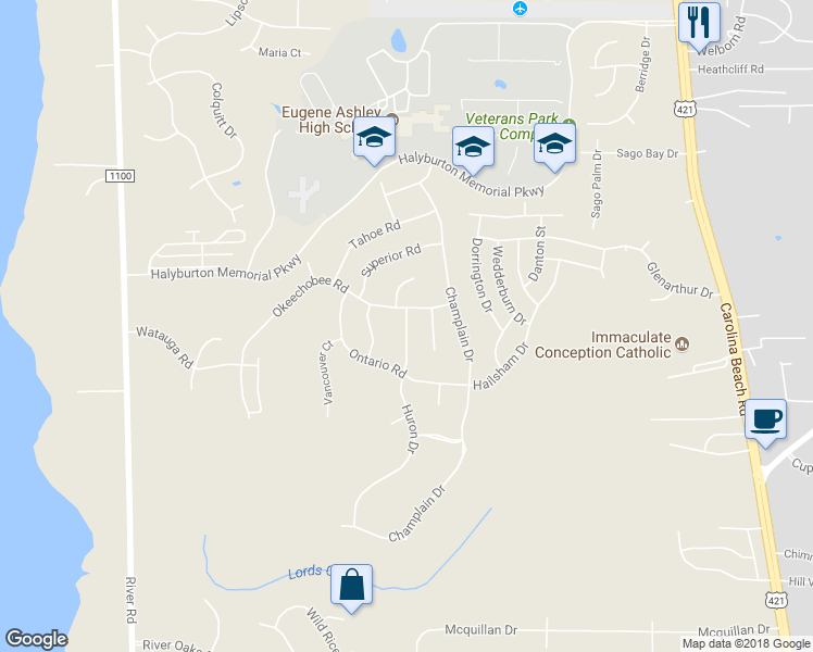 map of restaurants, bars, coffee shops, grocery stores, and more near 7617 Huron Drive in Wilmington