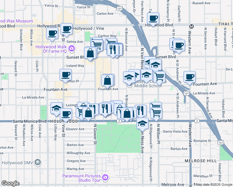 map of restaurants, bars, coffee shops, grocery stores, and more near 1228 Gordon Street in Los Angeles