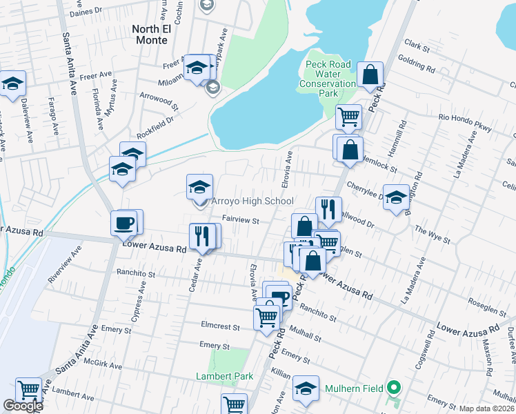 map of restaurants, bars, coffee shops, grocery stores, and more near 11422 Hallwood Drive in El Monte