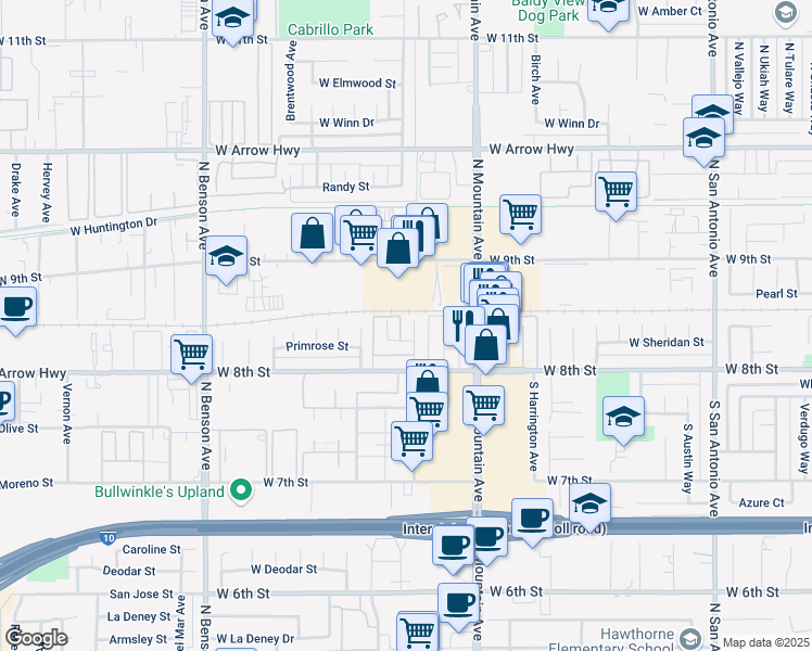 map of restaurants, bars, coffee shops, grocery stores, and more near 119 Sinclair Avenue in Upland