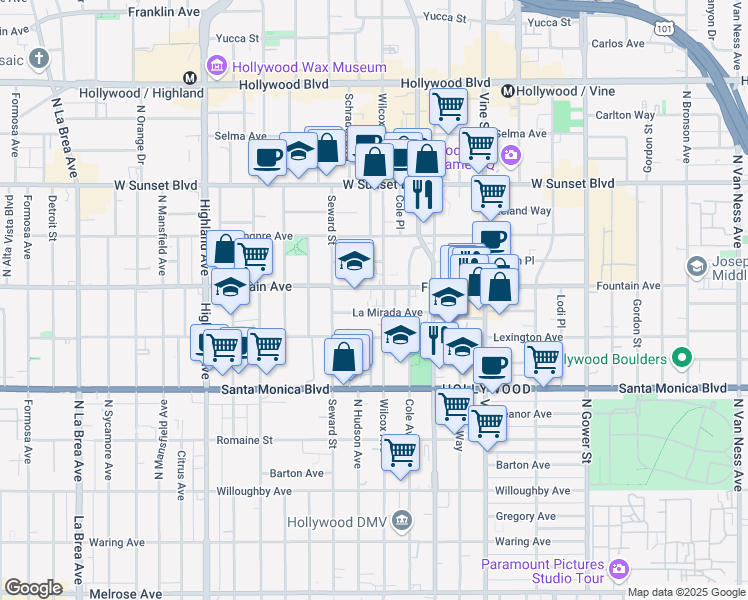 map of restaurants, bars, coffee shops, grocery stores, and more near 1245 Wilcox Avenue in Los Angeles