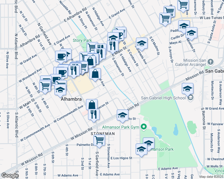 map of restaurants, bars, coffee shops, grocery stores, and more near East Commonwealth Avenue in Alhambra