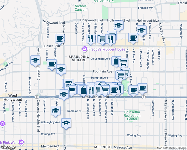 map of restaurants, bars, coffee shops, grocery stores, and more near 1236 North Spaulding Avenue in West Hollywood