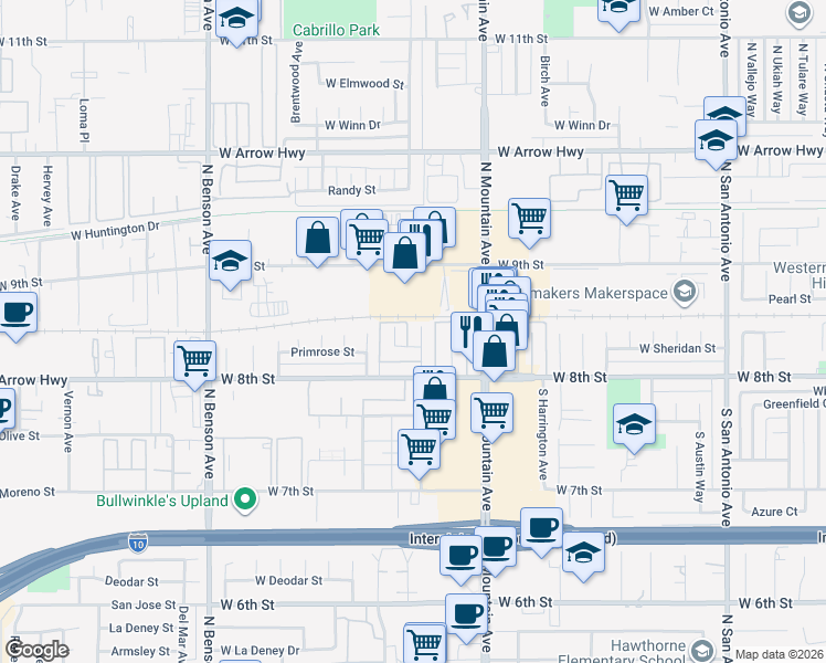 map of restaurants, bars, coffee shops, grocery stores, and more near 119 Sinclair Avenue in Upland