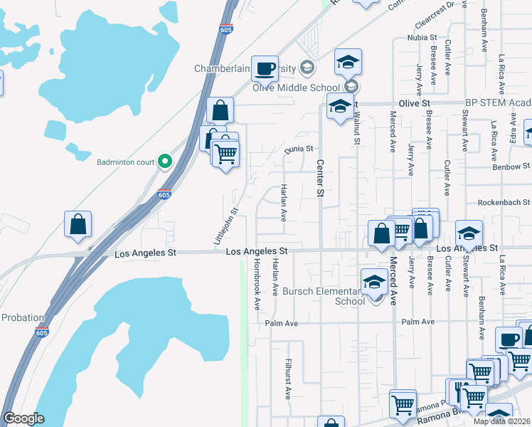 map of restaurants, bars, coffee shops, grocery stores, and more near 13324 Belgate Street in Baldwin Park