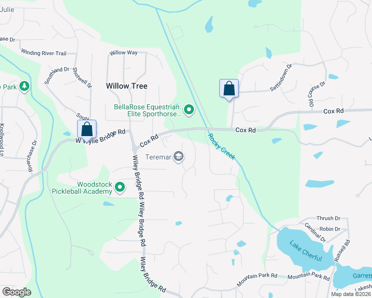 map of restaurants, bars, coffee shops, grocery stores, and more near 209 Fernwood Place in Woodstock