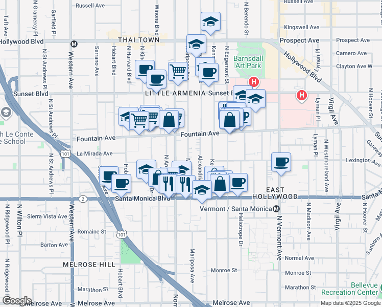 map of restaurants, bars, coffee shops, grocery stores, and more near 1216 Mariposa Avenue in Los Angeles