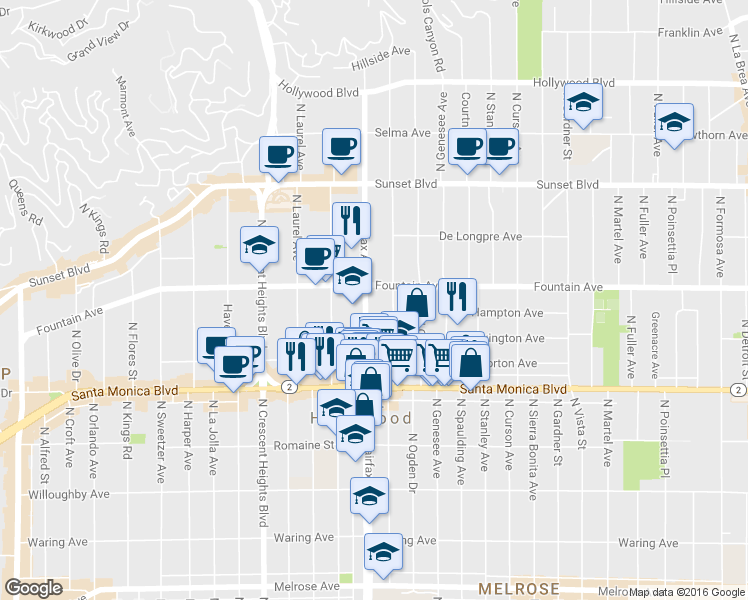 map of restaurants, bars, coffee shops, grocery stores, and more near 1270 North Fairfax Avenue in Los Angeles