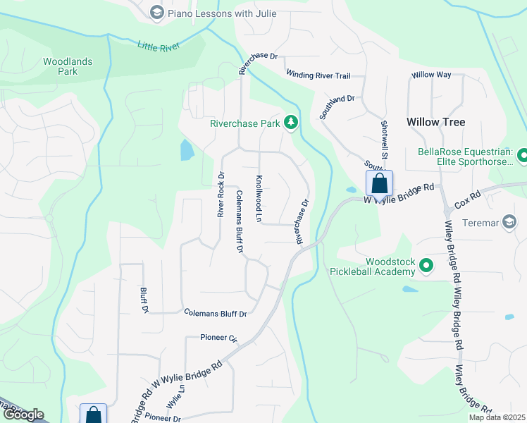 map of restaurants, bars, coffee shops, grocery stores, and more near 502 Knollwood Place in Woodstock