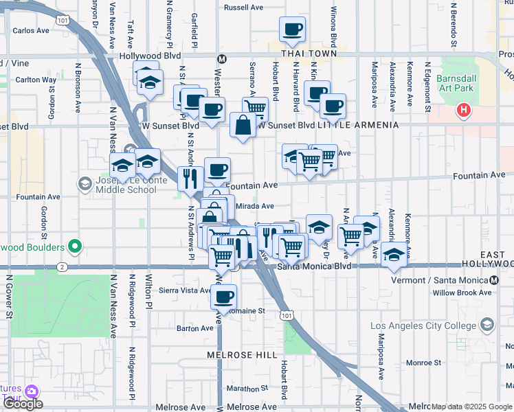 map of restaurants, bars, coffee shops, grocery stores, and more near North Serrano Avenue & La Mirada Avenue in Los Angeles