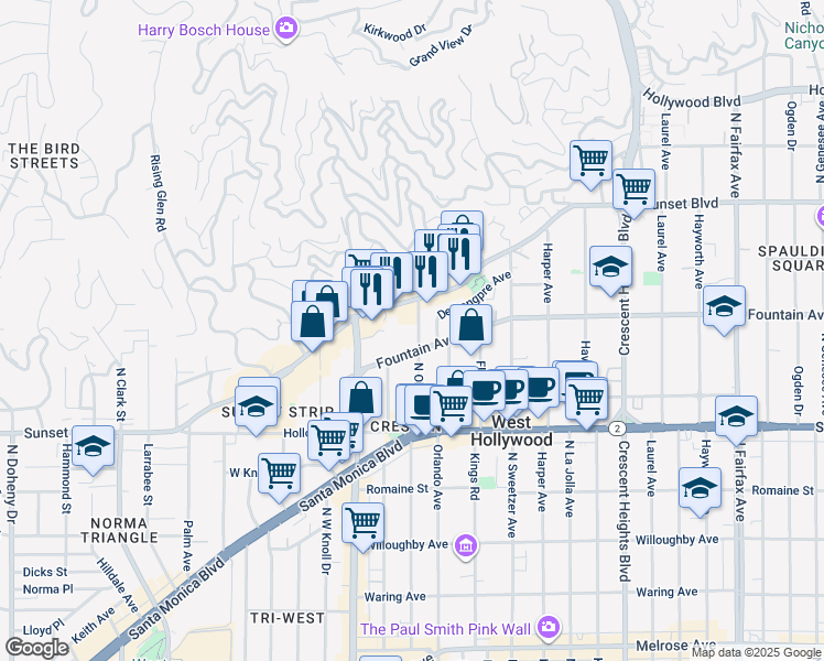 map of restaurants, bars, coffee shops, grocery stores, and more near 1323 North Olive Drive in West Hollywood