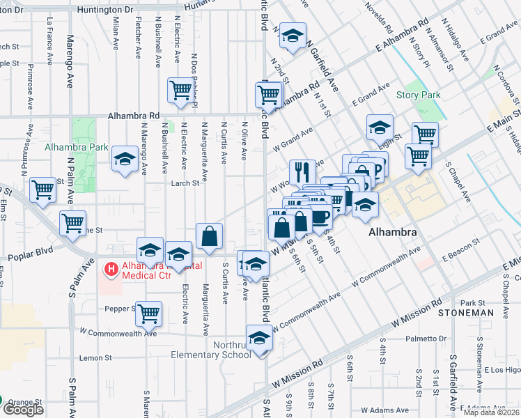 map of restaurants, bars, coffee shops, grocery stores, and more near 116 North Olive Avenue in Alhambra