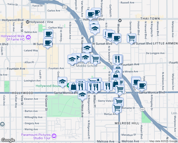 map of restaurants, bars, coffee shops, grocery stores, and more near 5727 La Mirada Avenue in Los Angeles