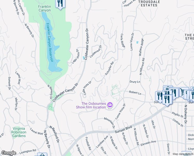 map of restaurants, bars, coffee shops, grocery stores, and more near 1163 Calle Vista Drive in Beverly Hills