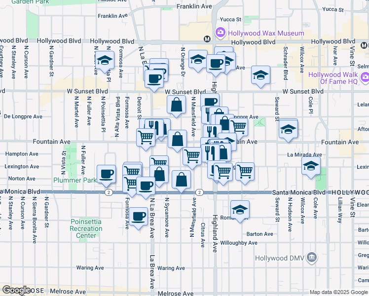 map of restaurants, bars, coffee shops, grocery stores, and more near 1246 North Orange Drive in Los Angeles