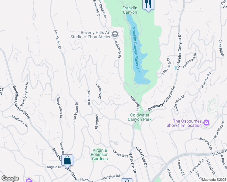 map of restaurants, bars, coffee shops, grocery stores, and more near 1231 Shadow Hill Way in Beverly Hills