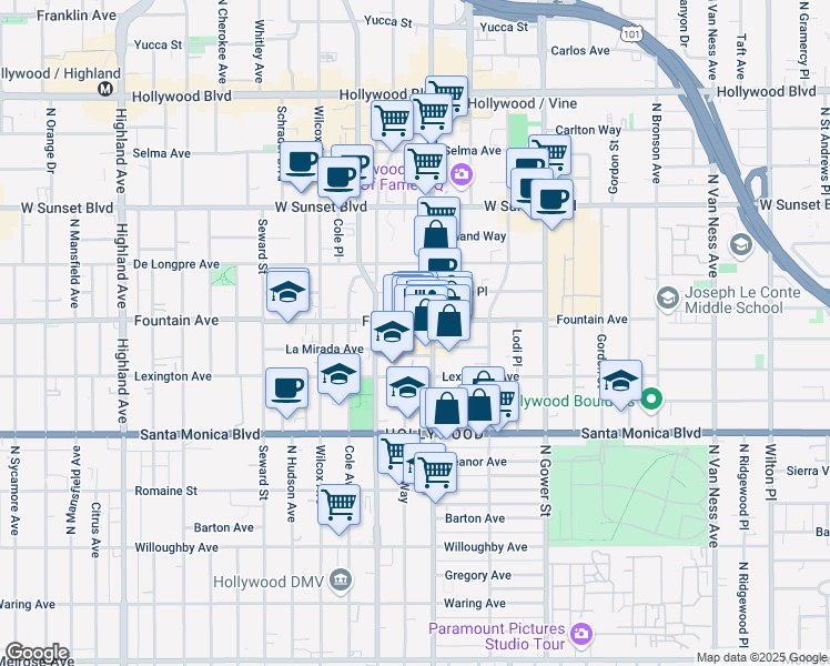 map of restaurants, bars, coffee shops, grocery stores, and more near 6319 La Mirada Avenue in Los Angeles