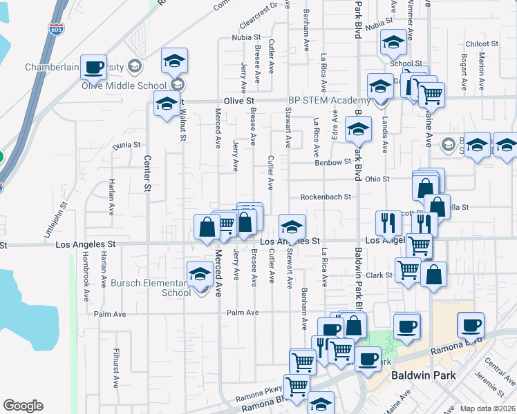 map of restaurants, bars, coffee shops, grocery stores, and more near 4500 Bresee Avenue in Baldwin Park