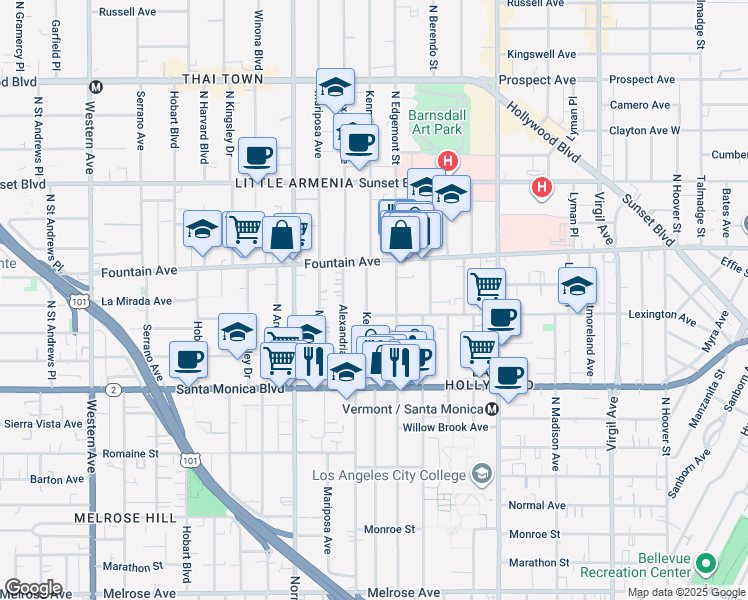 map of restaurants, bars, coffee shops, grocery stores, and more near 1216 North Kenmore Avenue in Los Angeles