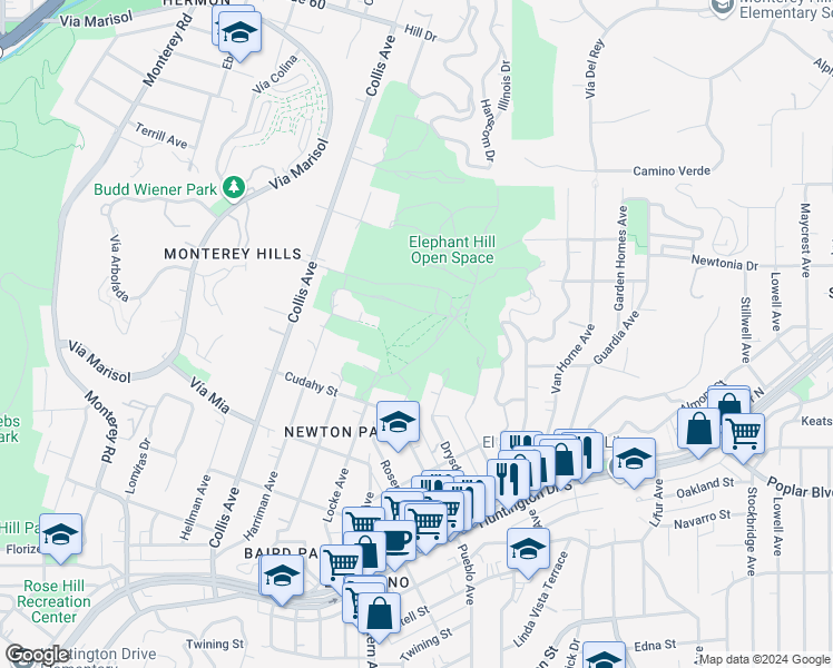 map of restaurants, bars, coffee shops, grocery stores, and more near 4023 Pueblo Avenue in Los Angeles