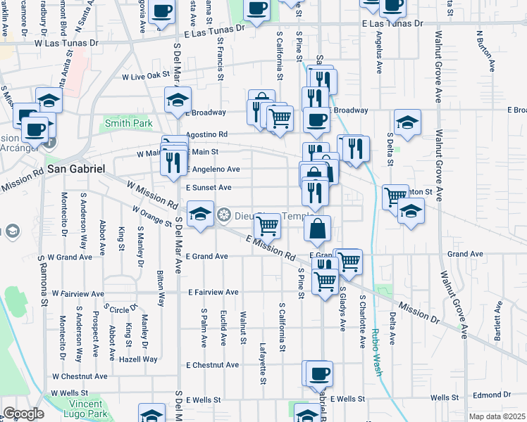 map of restaurants, bars, coffee shops, grocery stores, and more near 512 East El Monte Street in San Gabriel