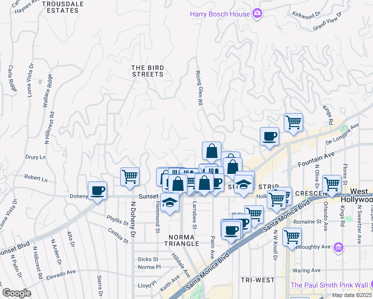 map of restaurants, bars, coffee shops, grocery stores, and more near 1314 Ozeta Terrace in Los Angeles