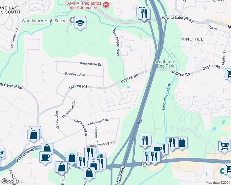 map of restaurants, bars, coffee shops, grocery stores, and more near 218 Twisted Timber Court in Woodstock