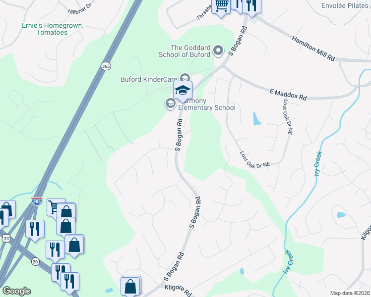 map of restaurants, bars, coffee shops, grocery stores, and more near 3881 South Bogan Road in Buford