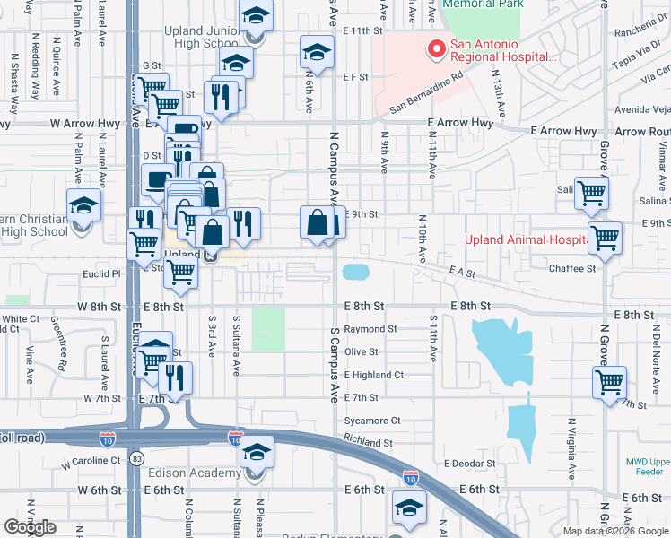 map of restaurants, bars, coffee shops, grocery stores, and more near 2 North Campus Avenue in Upland