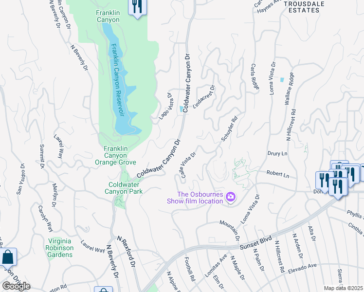 map of restaurants, bars, coffee shops, grocery stores, and more near 1138 Coldwater Canyon Drive in Beverly Hills