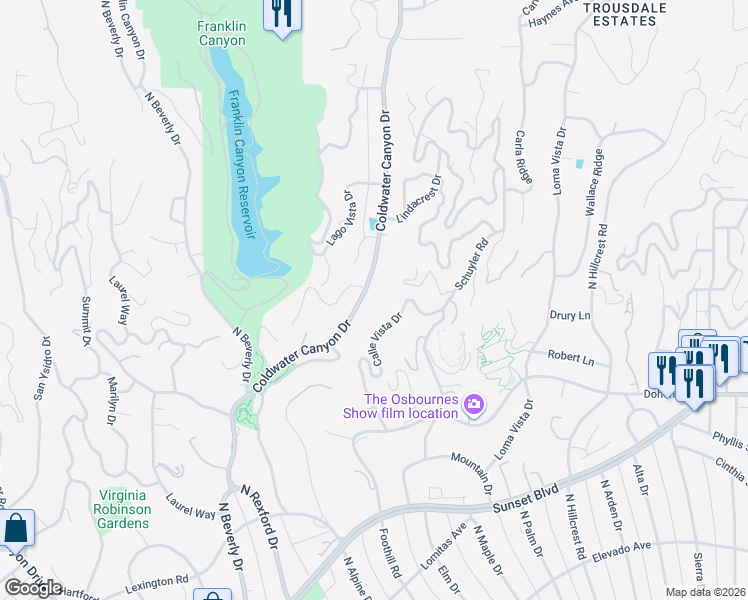 map of restaurants, bars, coffee shops, grocery stores, and more near 1148 Coldwater Canyon Drive in Beverly Hills