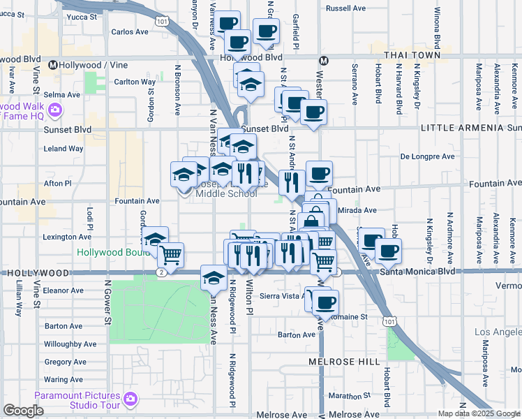 map of restaurants, bars, coffee shops, grocery stores, and more near 5657 La Mirada Avenue in Los Angeles