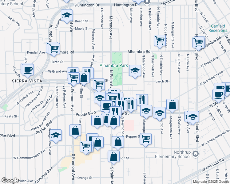 map of restaurants, bars, coffee shops, grocery stores, and more near 2106 Cedar Street in Alhambra