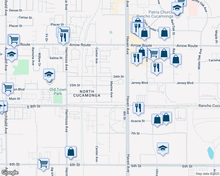 map of restaurants, bars, coffee shops, grocery stores, and more near 10393 25th Street in Rancho Cucamonga