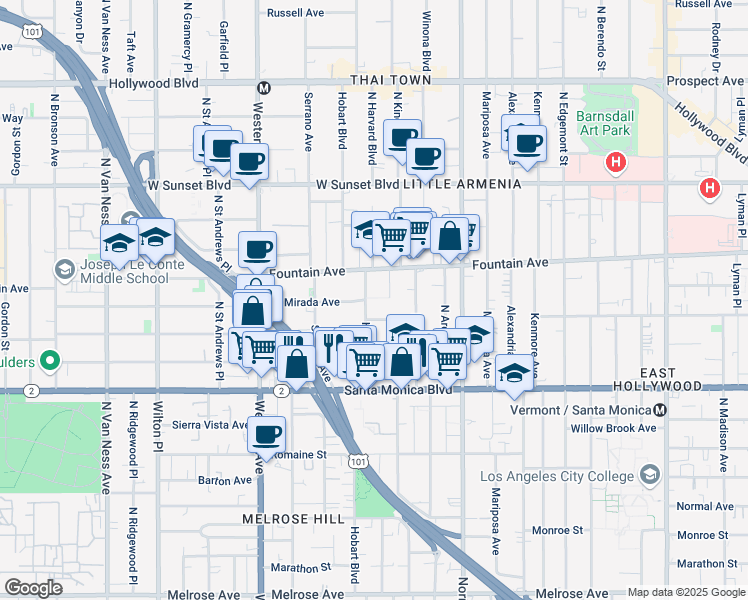 map of restaurants, bars, coffee shops, grocery stores, and more near 1229 North Hobart Boulevard in Los Angeles
