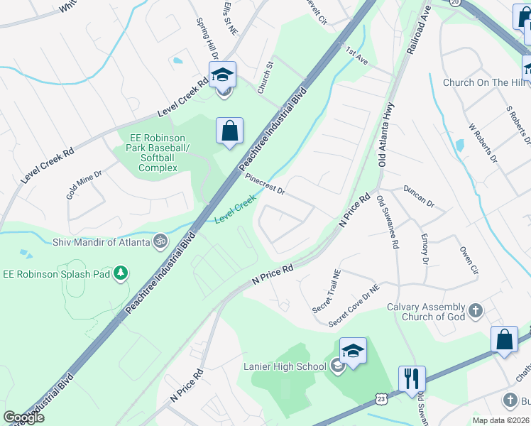 map of restaurants, bars, coffee shops, grocery stores, and more near 5029 McEver View Drive in Sugar Hill