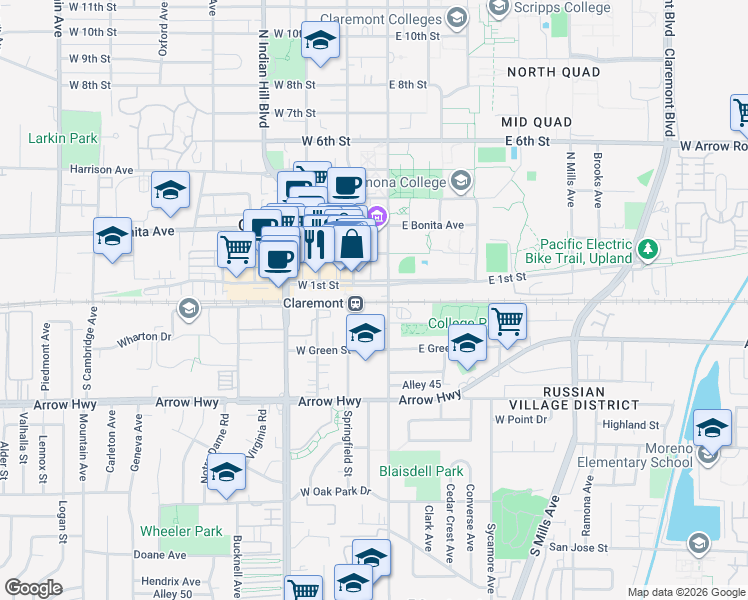 map of restaurants, bars, coffee shops, grocery stores, and more near 110 West 1st Street in Claremont