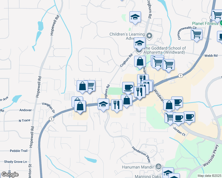 map of restaurants, bars, coffee shops, grocery stores, and more near 12825 Cogburn Road in Alpharetta