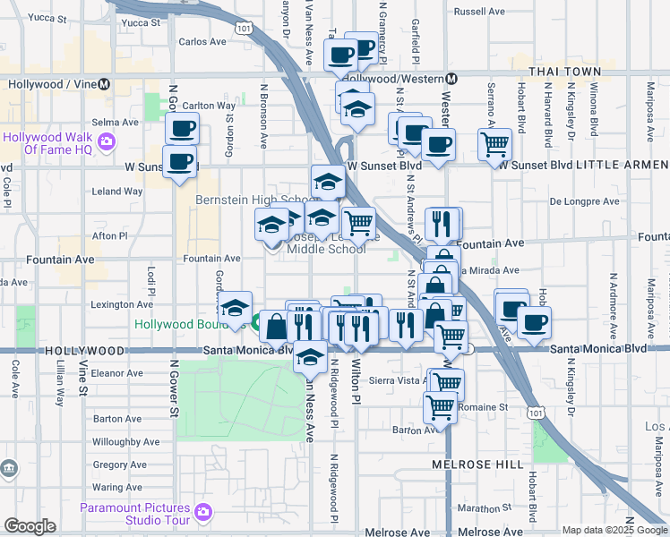 map of restaurants, bars, coffee shops, grocery stores, and more near 5727 La Mirada Avenue in Los Angeles