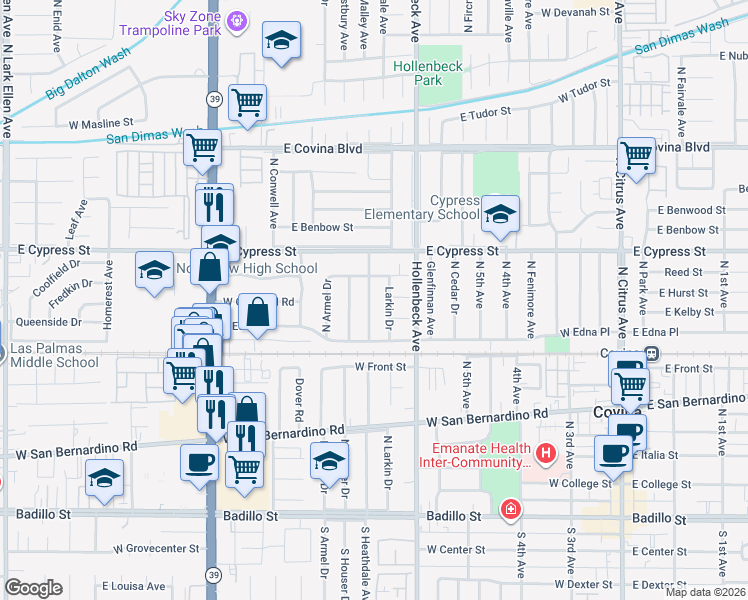 map of restaurants, bars, coffee shops, grocery stores, and more near 4508 North Heathdale Avenue in Covina