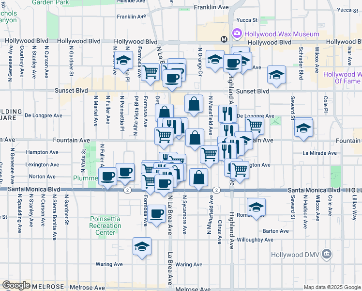 map of restaurants, bars, coffee shops, grocery stores, and more near 1247 North Sycamore Avenue in Los Angeles