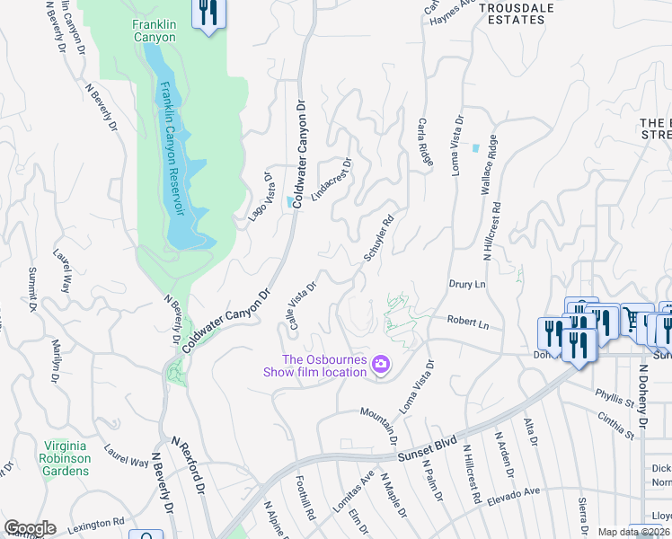 map of restaurants, bars, coffee shops, grocery stores, and more near 1163 Calle Vista Drive in Beverly Hills