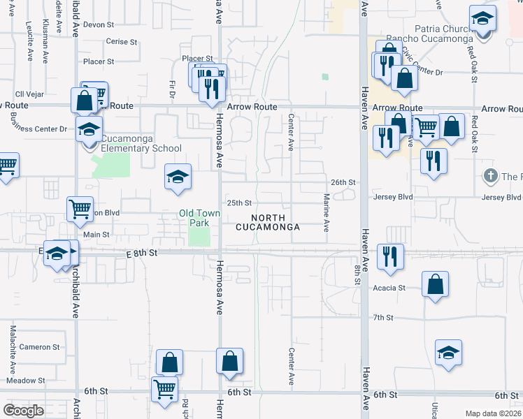 map of restaurants, bars, coffee shops, grocery stores, and more near 10226 24th Street in Rancho Cucamonga